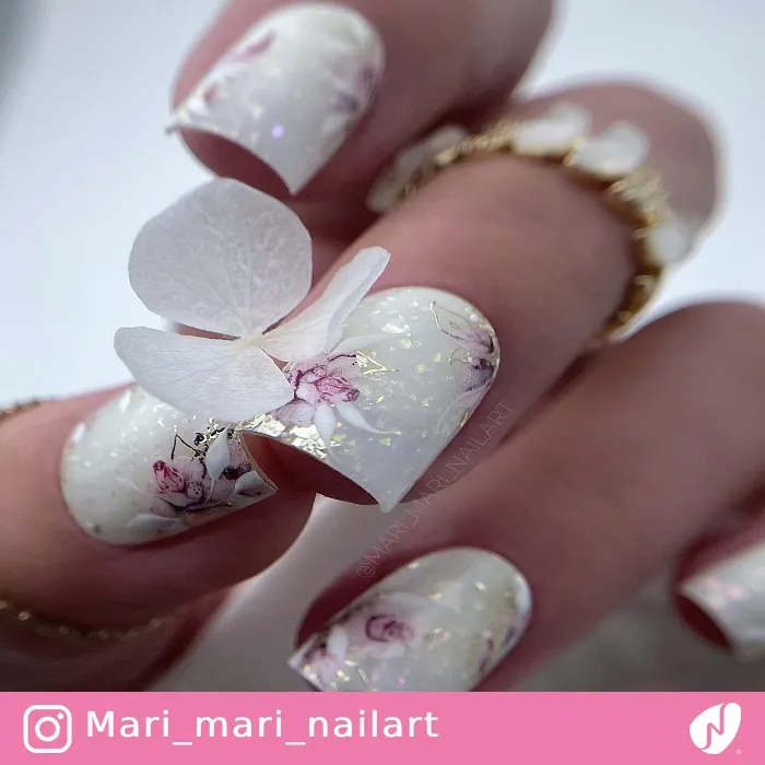 Wedding Short Nails with Gold Flakes